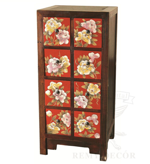 komod iz korichnevogo dereva s cvetochnym risunkom s vydvizhnymi yashhikami v kitajskom stile
